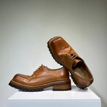  Мужские новые кожаные туфли Goodyear с квадратной головкой и прорезями из лошадиной кожи Для мытья мужской обуви в старом стиле