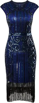  Винтаж 1920-х годов, Украшенное блестками и бахромой Длинное платье Gatsby Flapper, красно-синие платья, vestidos elegantes, женская одежда