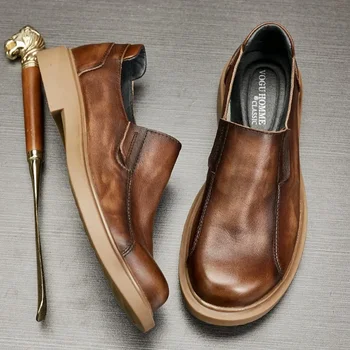  Винтажные мужские деловые лоферы из роскошной натуральной кожи, осенняя дизайнерская модная Повседневная рабочая обувь с круглым носком для мужчин