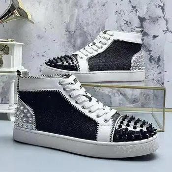 итальянский бренд, дизайнерские мужские парусиновые ботинки с шипами, роскошная модная обувь с заклепками, кроссовки на плоской подошве в стиле рок-хип-хоп, стильная мужская обувь