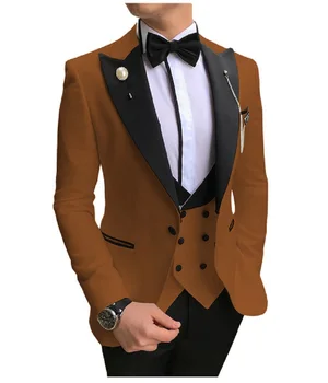  Мужской костюм из 3 предметов, приталенный деловой костюм жениха, коричневые смокинги для официального свадебного костюма (блейзер + брюки + жилет)