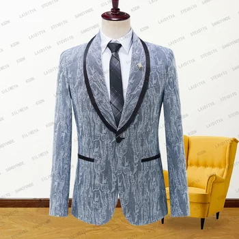  2023 Новый стиль Модные мужские костюмы СветлоГолубой джинсовый жаккард Slim Fit Повседневная куртка на одной пуговице для свадебной вечеринки Пальто Блейзеры