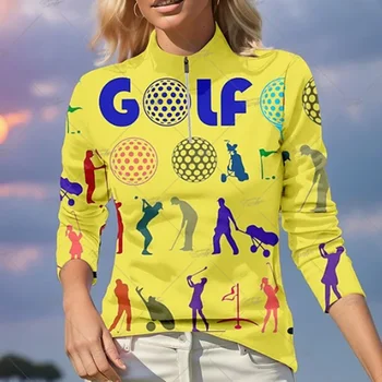  2024 новая женская рубашка-поло для гольфа с длинными рукавами, рубашка для гольфа с забавным принтом, дышащий быстросохнущий теннисный топ