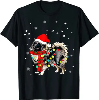  Кеесхондовая собака, шляпа Санта-Клауса, Рождественская собака, светящаяся елка, рождественская футболка