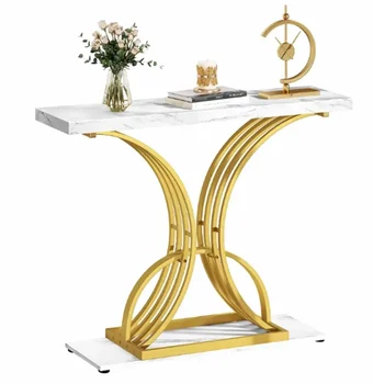  золотой узкий консольный столик 40 дюймов, приставной столик со столешницей из искусственного мрамора для гостиной, прихожей, вестибюля