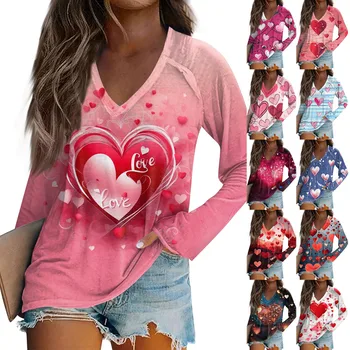  Женская футболка с длинным рукавом и V-образным вырезом, Повседневная Удобная футболка с принтом на День Святого Валентина, Облегающая Уличная дизайнерская рубашка roupas feminina