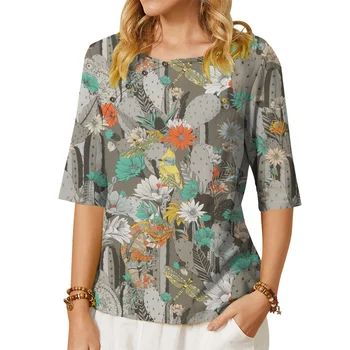  Рубашки с цветочным рисунком в стиле ретро CLOOCL, женские блузки, рубашки со средним рукавом и пуговицами, эстетичные топы с 3D-принтом в виде цветка кактуса