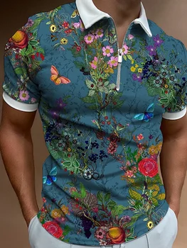  Модные мужские рубашки Поло с цветочным рисунком, топы с коротким рукавом, высококачественные рубашки, повседневные футболки-поло на молнии, негабаритная уличная мужская одежда