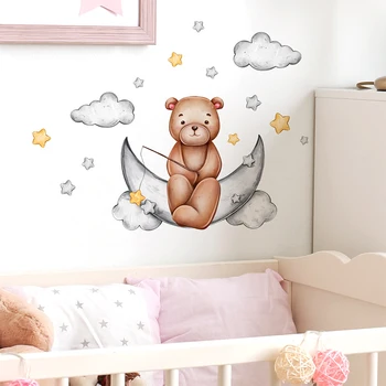  Наклейка с мультяшным Лунным облаком и Медвежонком на фоне стены гостиной детской спальни Самоклеящаяся наклейка на стену