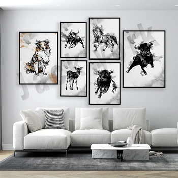  Абстрактный бык, голова буйвола, австралийская овчарка, палевый, лошадь, абстрактный плакат с животными, принт коровы на холсте