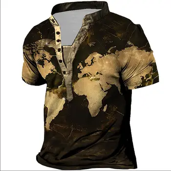  Мужская рубашка Henley с рисунком на карте, одежда со стоячим воротником, 3D-печать, повседневный модный топ с короткими рукавами и пуговицами