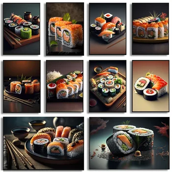  Японская кухня, вкусные суши, ролл с лососем, Икра, морепродукты, плакат, холст, настенные рисунки, Домашняя кухня, декор ресторана