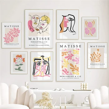 Линии Матисса Пикассо, лицо, Цветочные листья, Галерея абстрактных плакатов, настенные художественные принты, картины на холсте, картины для гостиной, домашний декор