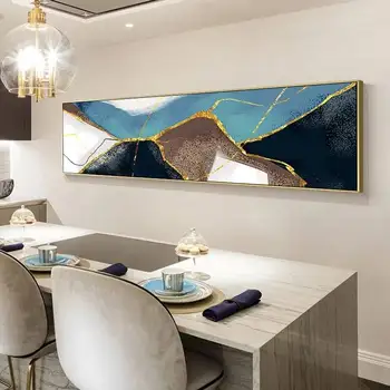  Абстрактная синяя с золотом картина маслом на холсте Скандинавские плакаты и принты Cuadros Настенное искусство Картина с едой Декор гостиной