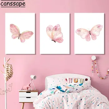  Красивая бабочка Настенное искусство Розовая картина на холсте Простые художественные принты Скандинавские настенные панно Детские настенные плакаты Декор комнаты для маленьких девочек