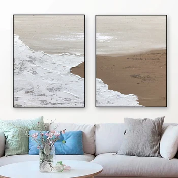  Бежевый минималистичный плакат с абстрактной живописью, бежевый и белый Морской пейзаж, Текстурные принты, настенное искусство для домашнего декора гостиной