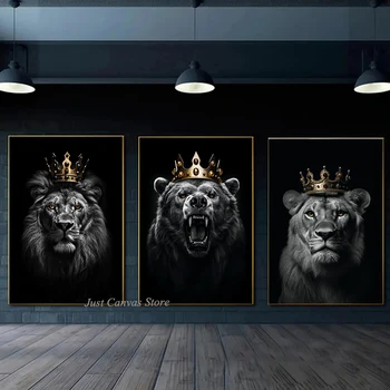  Черно-белая королева Король Лев Тигр Горилла Орел Королевство животных Плакат Картина на холсте Роскошная корона Настенный декор для дома