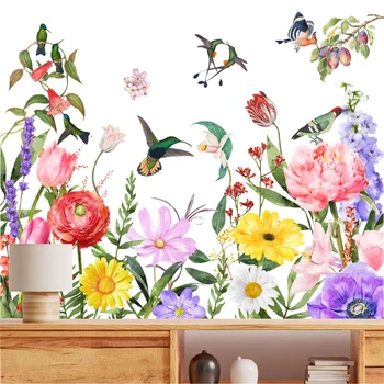  Наклейка на стену с фантастическими цветами и птицами для магазина, офиса, украшения плинтуса, росписи растений, наклейки для дома 