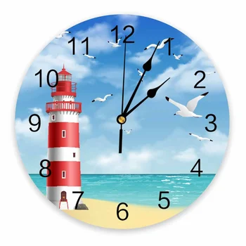  Декоративные Круглые настенные часы Lighthouse Beach Seagull с арабскими цифрами, не тикающие настенные часы большого размера для спален, ванных комнат