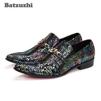  Batzuzhi, 100% Абсолютно новая мужская кожаная обувь, черные разноцветные деловые модельные туфли с острым носком, кожаные туфли для свадебной вечеринки