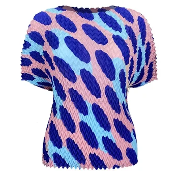  Летние женские топы с круглым вырезом и волнистой складкой ручной работы Miyake, женская рубашка, простая свободная повседневная стрейчевая футболка Оверсайз.