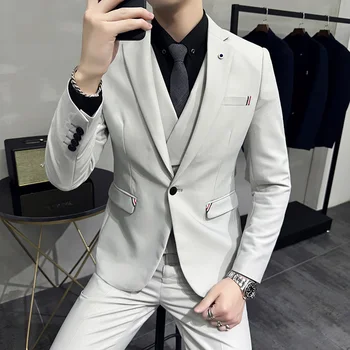  Новый высококачественный стиль (костюм + жилет + брюки), модная и красивая корейская версия, тонкая шерстяная однотонная свадебная тройка