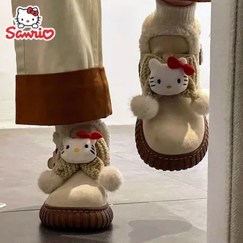  Женская хлопковая обувь Sanrio Hello Kitty, милые Зимние Утепленные Плюшевые Зимние ботинки, теплая повседневная обувь на плоской подошве с героями мультфильмов для девочек