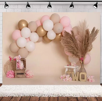  Фон для фотосъемки, Розовые воздушные шары, Фон для девочки на 2-й День рождения, Богемный цветок, Тростниковый торт, Реквизит для фотостудии, плакат