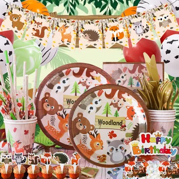  Тематическая вечеринка в честь лесных животных с рисунком лисы и Ежа, украшение для детского дня рождения в виде животных, одноразовая тарелка для салфеток из воздушных шаров