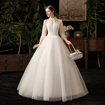  Простые свадебные платья из тюля, бальное платье, Элегантное свадебное платье с высоким воротом и иллюзионным рукавом, Классическое длинное платье на шнуровке Abiti Da Sposa