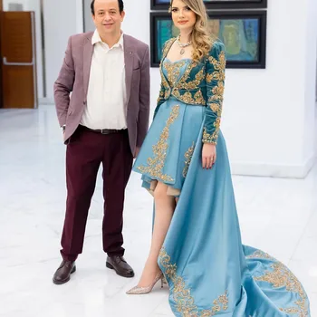  Скромные синие аппликации в арабском стиле, асимметричные длинные платья для выпускного вечера с жакетом, элегантные вечерние платья из 2 предметов