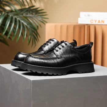  Черные модельные туфли на платформе с круглым носком, повседневная обувь из натуральной кожи, мужская деловая обувь