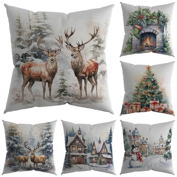  Рождественская наволочка акварельный лось, снеговик, дерево, камин, чехол для диванной подушки с принтом, украшение для дома в комнате