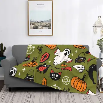  Одеяло на Хэллоуин Флисовое Всесезонное Зеленое Привидение Дышащее Клетчатое Покрывало для дивана Дорожные постельные принадлежности