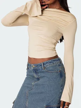  Женская футболка, топы с длинным рукавом и открытыми плечами, плиссированная однотонная облегающая женская клубная одежда