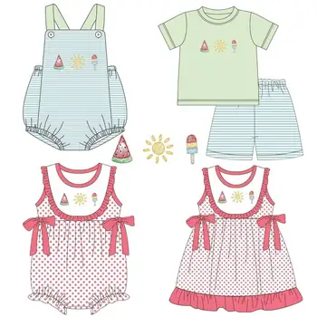  Новая коллекция одежды для девочек и мальчиков с короткими рукавами и комбинезонов из ткани в полоску и горошек с принтом арбузного солнца и мороженого