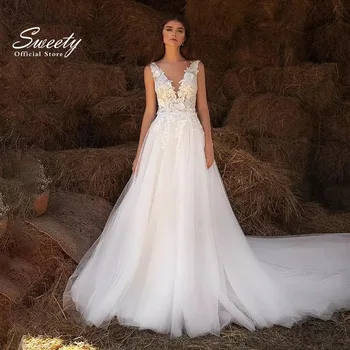  Роскошное свадебное платье из органзы с вышивкой, кружевное пляжное бальное платье трапециевидной формы с 3D цветочным V-образным вырезом, платье невесты без рукавов с открытой спиной