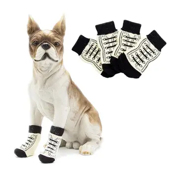  4 шт. носки для милых мультяшных собак, противоскользящие вязаные носки для домашних животных с полосатым принтом, теплые милые защитные чехлы для лап щенков.