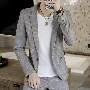  2023-Бутик (блейзер + брюки) Мужская мода, деловой повседневный Корейский джентльменский клетчатый свадебный элегантный костюм в британском стиле из 2 предметов