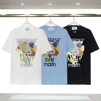  23SS Новые летние футболки CASABLANCA с 3D цифровым принтом морской рыбы, топы, Летние свободные футболки для мужчин и женщин