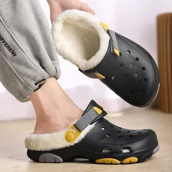  Осенне-зимние мужские короткие плюшевые тапочки из ЭВА с закрытым носком 2023, новая модная мужская обувь на платформе для дома, повседневная домашняя хлопчатобумажная обувь