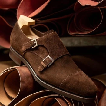  Новые коричневые лоферы из флока, мужские туфли Monk с двойной пряжкой, черные деловые мужские туфли без застежки с квадратным носком, Размер 38-46 