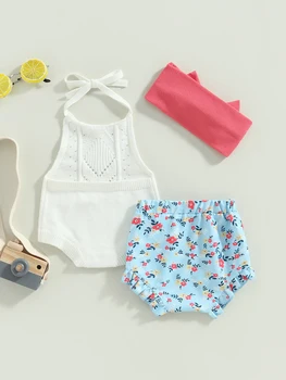  Летние наряды для маленьких девочек, 3 шт., вязаный комбинезон без рукавов, шорты с поясом, комплект с повязкой на голову, одежда для младенцев (розовый, 6-12 месяцев)