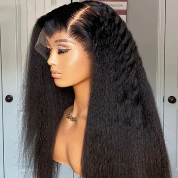  Прозрачный Кудрявый парик с прямыми кружевами 13x4, предварительно выщипанный Яки, Бразильский парик из человеческих волос с Т-образной частью, парики из натуральных волос для женщин