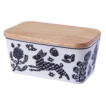  Коробка для масла Скандинавский керамический контейнер Лоток для хранения Блюдо для сыра Кухонный инструмент Кухонная утварь Деревянная крышка Уплотнительная пластина