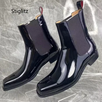  Черные мужские ботильоны из лакированной кожи, короткие ботинки Челси в британском стиле на массивном каблуке без застежки, осень-зима, новая мужская обувь