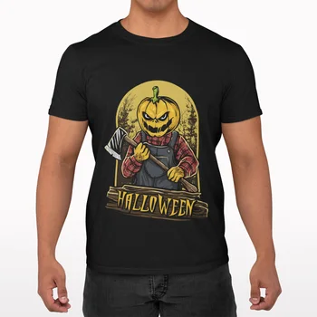  Украсьте эту черную хлопчатобумажную футболку на Хэллоуин нашим устрашающим дизайном в виде топора-тыквы!