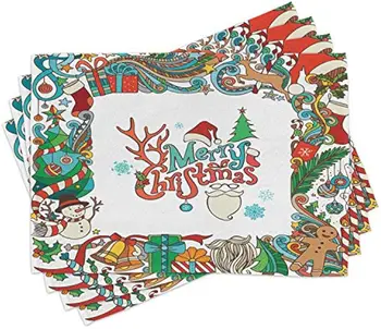  Рождественские коврики для дома, набор из 4 красочных сезонных элементов в рамке, Санта, Снеговик, Имбирное печенье, салфетки для обеденного стола