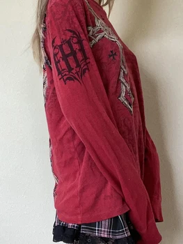  Женские винтажные топы Scriardv с готическим принтом в виде креста, футболки с длинным рукавом и круглым вырезом, облегающая фигура, уличная одежда, топы в стиле гранж Y2k