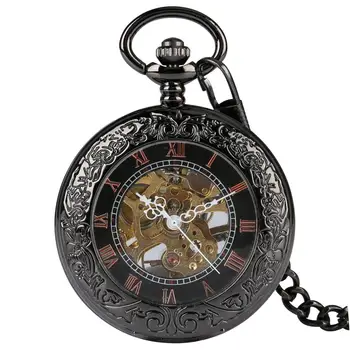  Роскошные крутые карманные часы с полым циферблатом в стиле ретро, римский номер, стимпанк, скелет, механический брелок с ручным заводом, черные часы с цепочкой